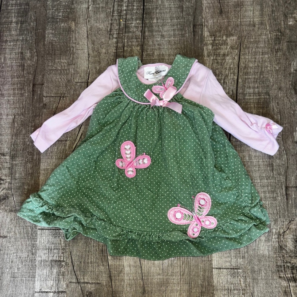 Rare Editions Girls 18M Green Corduroy Butterfly Jumper and Pink Bodysuit Set
